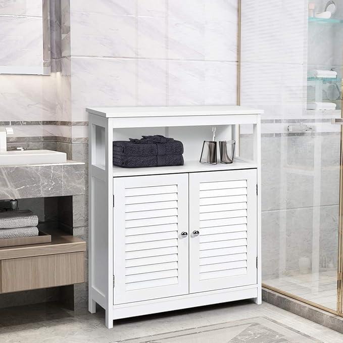 Tangkula Bathroom Floor Cabinet, Wooden Freestanding Storage Cabinet with Double Shutter Door & Adjustable Shelf, Storage Cabinet for Bathroom Living Room (White) - ModernBath