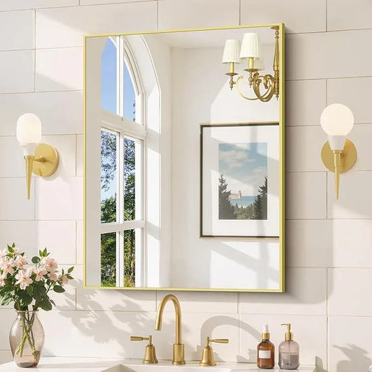 COFENY Gold Bathroom Mirror for Wall, 24x32 Inch Rectangle Mirror with Metal Frame, Modern Vanity Mirrors for Bathroom Living Room, Entryway Hangs Horizontal or Vertical - ModernBath