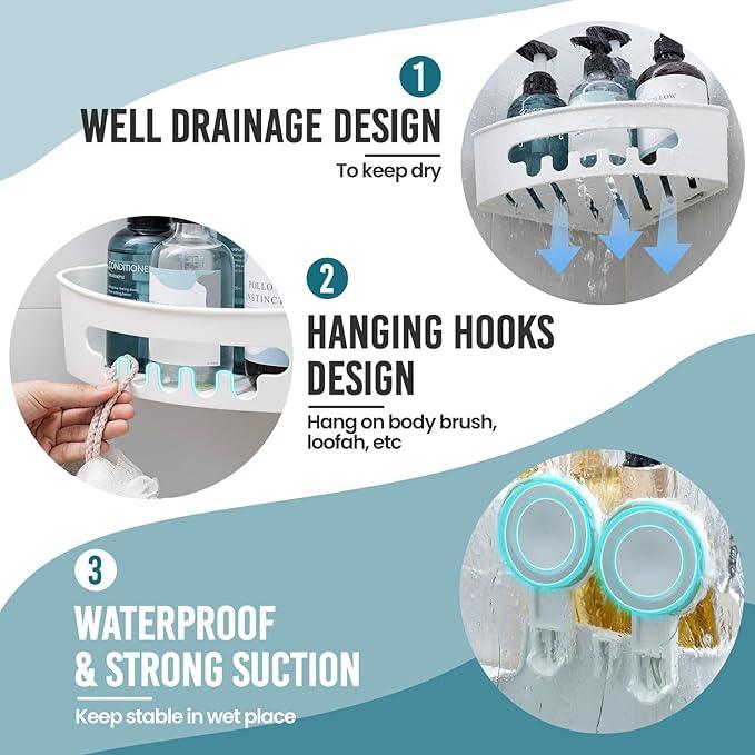 TAILI Corner Shower Caddy with Suction Cups, Wall Mounted Organizer Plastic Rack for Small Bathrooms, Kitchen, Removable Drill-Free Heavy Duty Shelf Basket, White - ModernBath
