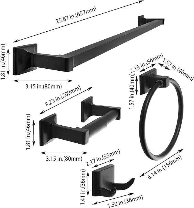 SENTO Cellar Classic Bathroom Accessories Set, Heavy Duty Metal Bath Hardware Set Wall Mounted, Includes Robe Hook, Standard Toilet Paper Holder, Towel Ring, 24” Towel Bar (4-Piece, Matte Black) - ModernBath