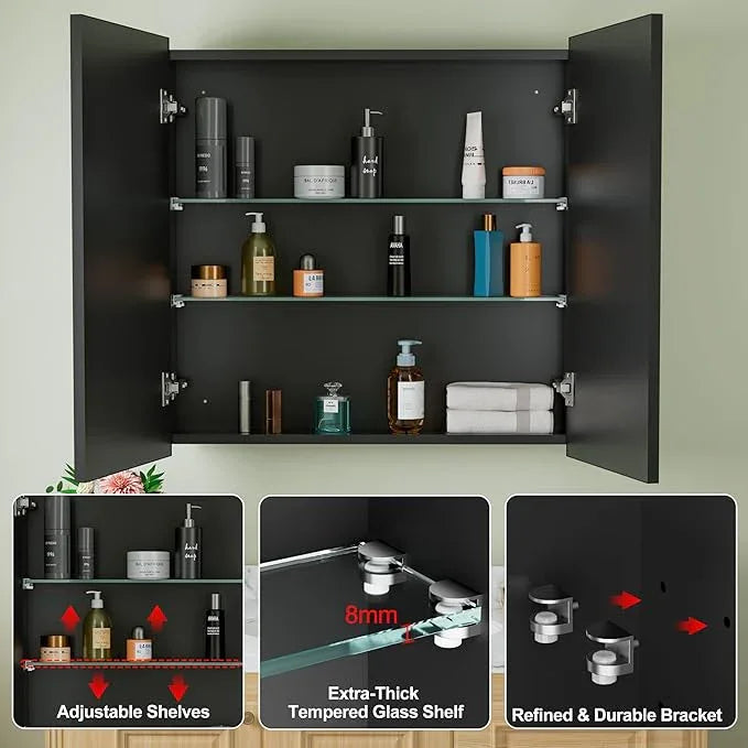 Buruis 30" x 30" Framed Medicine Cabinet with Mirror, Recessed or Wall Mounted Bathroom Cabinet, Adjustable Tempered Glass Shelves, Left/Right Open Reversible, No Assembly Required, Black - ModernBath