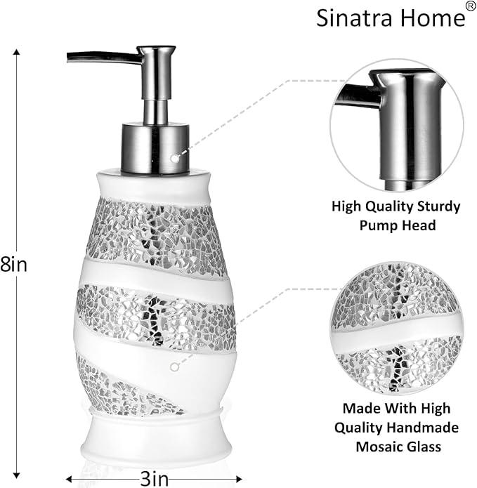 Zahari Home 4pc Sinatra Stylish Bathroom Accessories Set White Soap Dispenser, Tumbler, Tooth Brush Holder and Soap Dish Modern Classic Luxury Decor Bling Mosaic Glass White Bathroom Accessories - ModernBath
