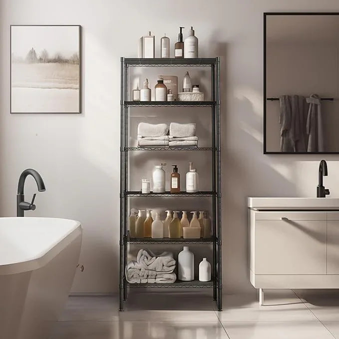 Finnhomy 6-Tier Wire Shelving Unit - Adjustable Steel Wire Rack with 6 Shelves, PE Mat and Stable Leveling Feet, NSF Certified, Black - ModernBath