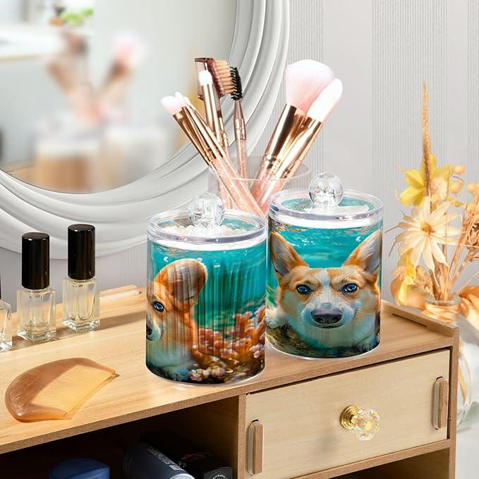 BOENLE 2 Pack Qtip Holder Organizer Dispenser Corgi Dog Underwater Bathroom Storage Canister Cotton Ball Holder Container for Cotton Pads/Swabs/Floss - ModernBath