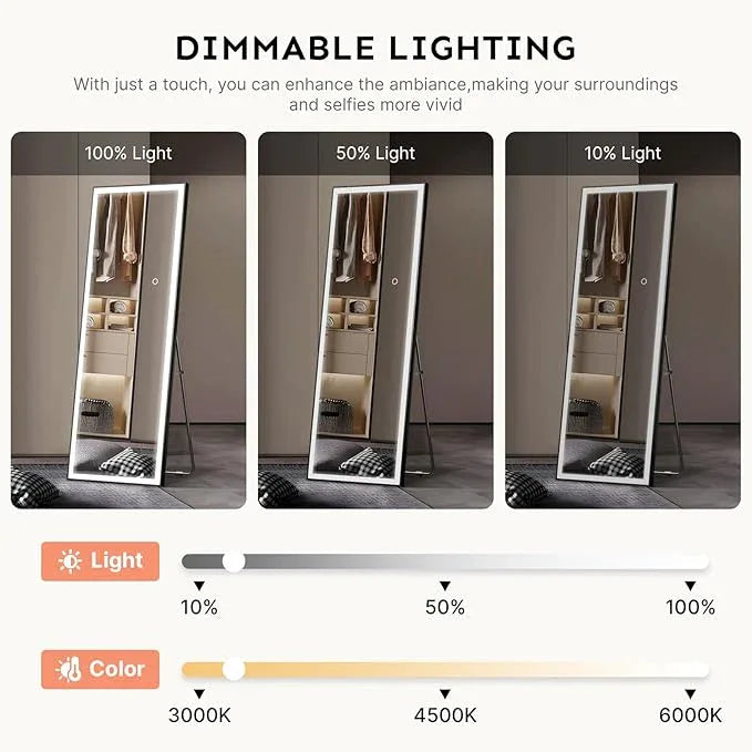 Kosmonia 71x24 Full Length Mirror, Dimmable 3 Color LED Light w/Light Memory, Distortion Free Silver Coating Mirror, HD Reflection &Anti Desilvering,Tempered Glass &Shatter Proof Film Doubles Safety - ModernBath