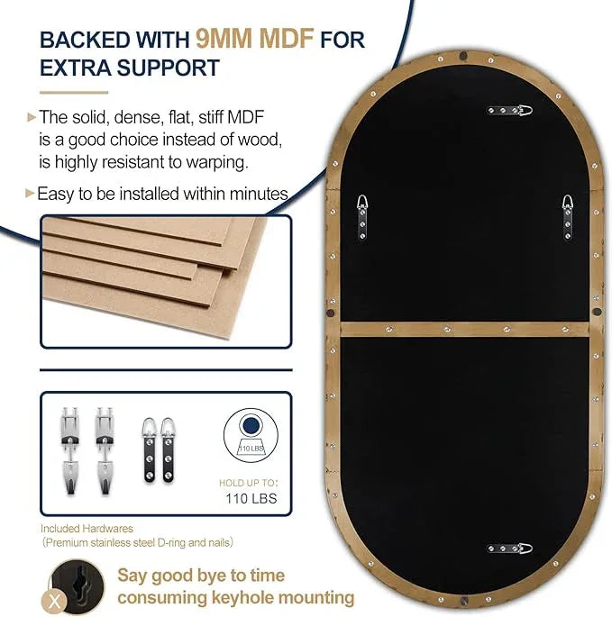 ANDY STAR Gold Bathroom Mirror 60 x 30 Inch, Full Length Mirror, Oval Vanity Mirror, Pill Shaped Mirror in Stainless Steel 1’’ Deep Wall Mounted Vertical/Horizontal - ModernBath