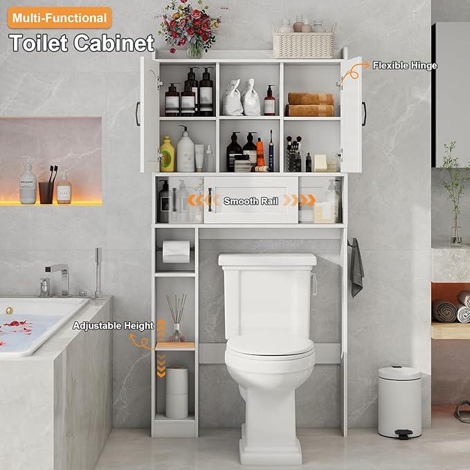 Vabches Farmhouse Over The Toilet Storage Cabinet with 2 Barn Doors & Sliding Door, Over The Toilet Bathroom Organizer with Open Storage Layer and Adjustable Shelves & Hooks.White - ModernBath