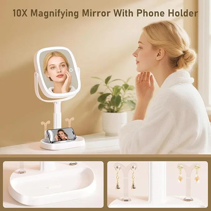 FRANO Vanity Mirror with Lights, Rectangular Lighted Makeup Mirror with 3 Color Lights, 1X/10X Magnification, Adjustable Height, 360° Rotation, 4000mAh Rechargeable for Desk, Gifts for Women - ModernBath