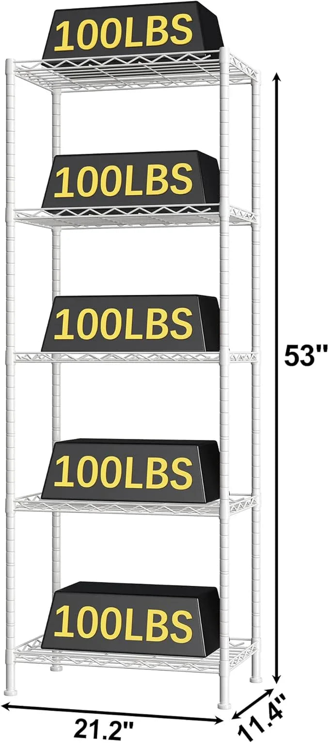 HOMEFORT 5-Shelving Unit, Adjustable Wire Shelving, Metal Wire Shelf Rack Organizer for Kitchen, Pantry, Closet, Bathroom, Laundry, White,21" W x 11" D x 53" H - ModernBath
