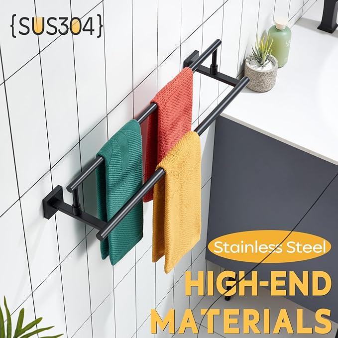 KOKOSIRI Bathroom Towel Bars 24-Inch Double Towel Rails Matte Black Towel Holder for Kitchen Garage Wall Mount Stainless Steel B5009BK-L24 - ModernBath