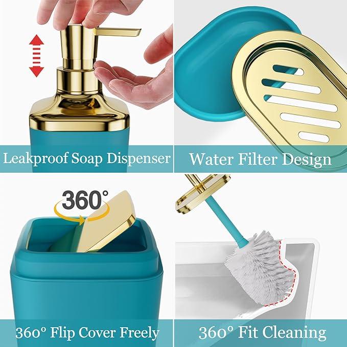 XLHOMO Bathroom Set - Teal Blue Bathroom Accessories Set, Bathroom Sets with Shower Curtain and Rugs, Teal Blue Shower Curtain Set with Bathroom Trash Can, Soap Dispenser, Soap Dish for Home Decor - ModernBath