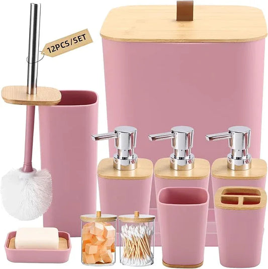 XLHOMO Pink Bathroom Accessories, Bathroom Accessories Set with Trash Can, Soap Dispenser, Toothbrush Holder, Toothbrush Cup, Soap Dish, Toilet Brush, Tray and Q-tip Holders for Housewarming - ModernBath