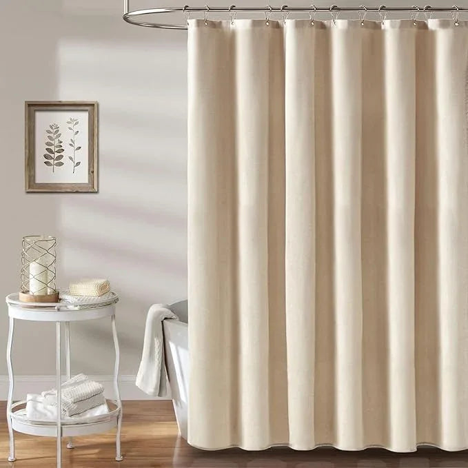 BTTN Long Fabric Shower Curtain - 72x80 Inch Linen Textured Heavy Duty Polyester Cloth Shower Curtain Set with 12 Plastic Hook, Hotel Luxury Waterproof Modern Shower Curtains for Bathroom, Beige/Cream - ModernBath
