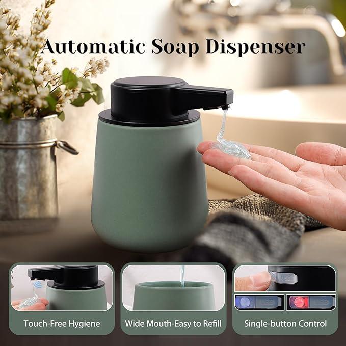 INGOFIN Automatic Ceramic Bathroom Accessory Set - 3 Pcs Auto Liquid Soap Dispenser Touchless, Toothbrush Holder & Tray, Smart Electric Bathroom Counter Set for Home, Guest Room, or Office, Green - ModernBath