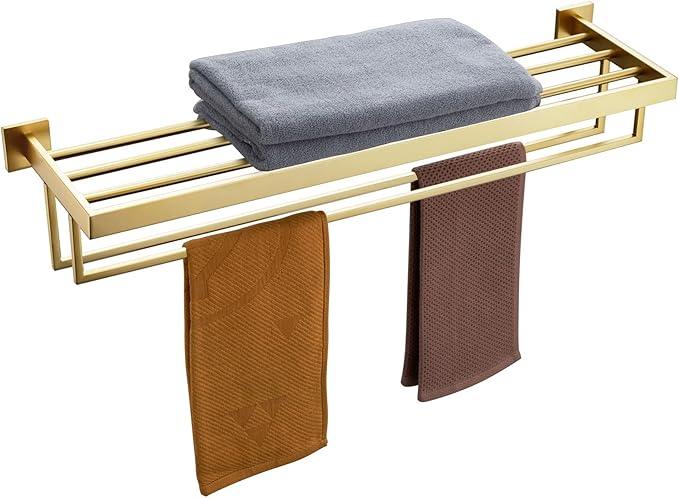KOKOSIRI 32'' Towel Shelf Holder Bathroom Towel Rack with Two Bath Towel Bars Rails SUS304 Stainless Steel Wall Mount, Brushed Gold B6003BG-L32 - ModernBath