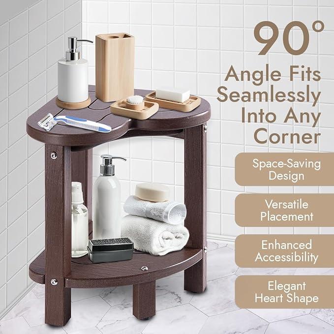 UHA Corner Shower Stool for Inside Shower - Waterproof Corner Shower Bench, HDPE Plastic Bathroom Bench, Adjustable Height Corner Chair for Shaving Legs,Storage Shelf,Non-Slip Feet， Coffee - ModernBath