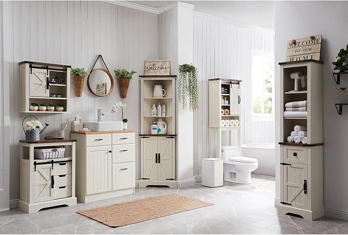 RedLemon Farmhouse Slim Bathroom Storage Cabinet, 68" Tall with Drawer & Adjustable Shelves, Rustic Narrow Storage Cabinet for Living Room, Bathroom, Kitchen, Antique White - ModernBath