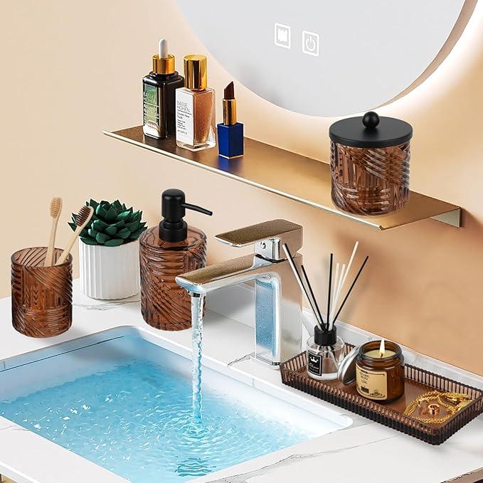 Bathroom Accessories Set,4 Pcs Amber Glass Bathroom Accessories Sets Complete with Lotion Soap Dispenser,Toothbrush Holder,Qtip Holder Dispenser and Vanity Tray,Bathroom Countertop Vanity Organizer - ModernBath