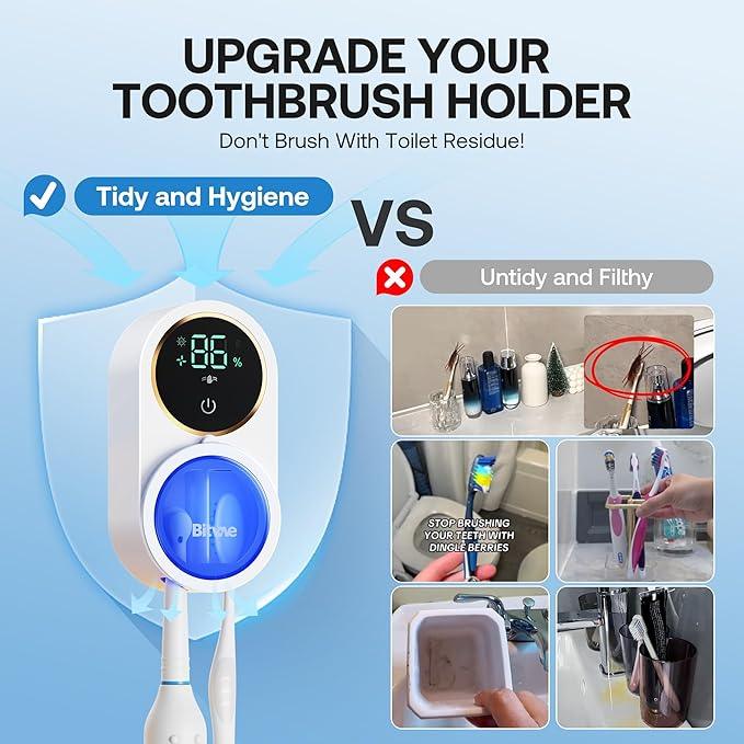 Bitvae Upgraded Tooth Brush Holder for Bathroom 2.0, Infrared Sensing Toothbrush Cleaner, Wall-Mounted for Most Size Toothbrushes, Air Drying, LED Smart Screen, White Gold Trim - ModernBath