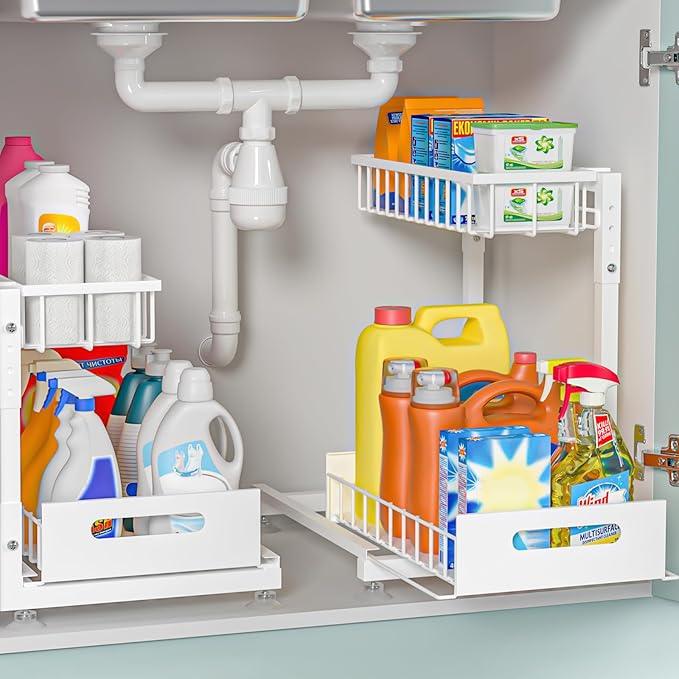 Under Sink Organizer for Kitchen and Bathroom, 2 Pack 2 Tier Pull Out Storage Rack - Height Adjustable Heavy Duty Metal Basket with High Capacity & Safety Stopper, Rustproof for Cleaning Supplies - ModernBath
