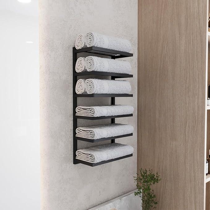 Modern Tiered Towel Rack - Wall-Mounted Metal Towel Shelf for Bathroom, Space-Saving Storage for Towels, Organizers, and Home Decor (Black, 6-Tier) - ModernBath