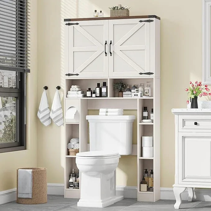 Over The Toilet Storage Cabinet, Farmhouse Storage Cabinet Over Toilet with 2 Barn Doors ，Toilet Paper Holder Stand，Home Space-Saving Toilet Rack, for Laundry, Restroom, Bathroom - ModernBath