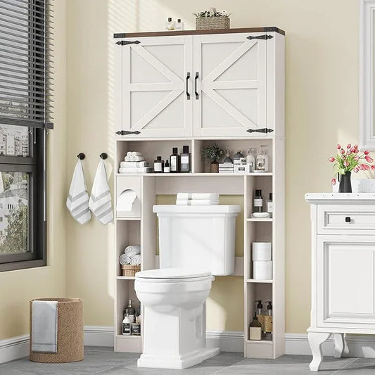 Over The Toilet Storage Cabinet, Farmhouse Storage Cabinet Over Toilet with 2 Barn Doors ，Toilet Paper Holder Stand，Home Space-Saving Toilet Rack, for Laundry, Restroom, Bathroom - ModernBath