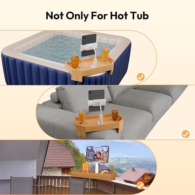 POOLCOMFT Bamboo Hot Tub Tray with Adjustable Phone Holder, Non-Slip Bath Table Tray with Card & Scented Candle - Spa Gift Set for Hot Tub Owners, Women, Parents - Unique Valentines Birthday Gift Idea - ModernBath
