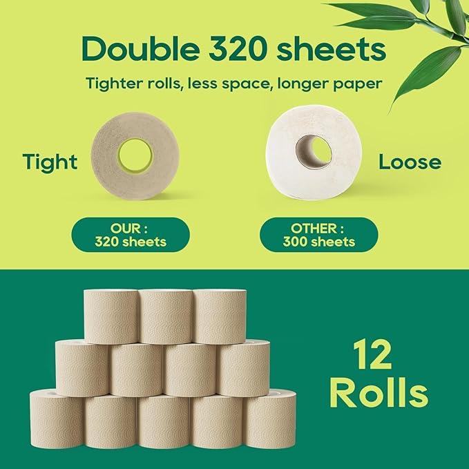 ECOLipak Bamboo Toilet Paper 3 Ply, Septic Safe Toilet Tissue, 12 Double Rolls, 320 Sheets Per Roll, Tree Free, Non Toxic, Soft and Absorbent, Eco Friendly Dye-Free Paper, Brown - ModernBath