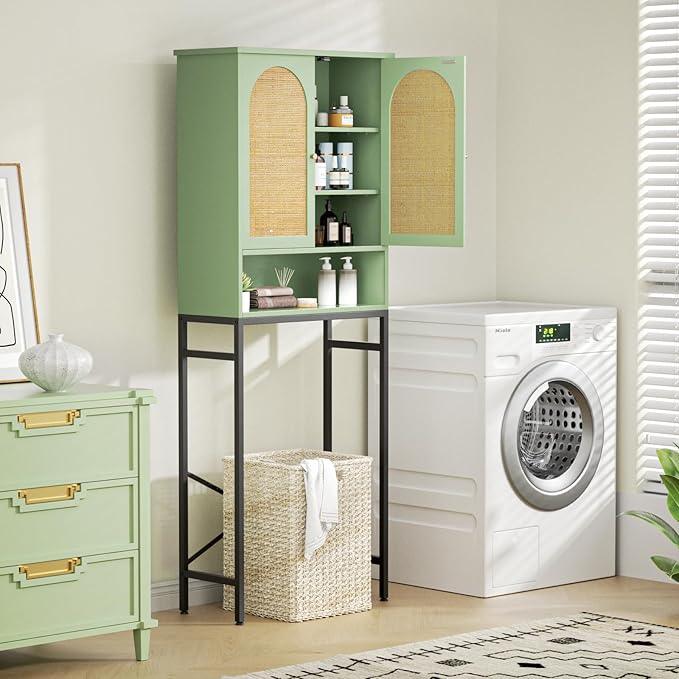 Rattan Toilet Storage Cabinet, Over The Rack Wood Cabinet with Metal Stand, Bathroom Organizer with Adjustable Shelf, Space Saving Cupboard for Small Bathrooms, Washer Shelf, Green - ModernBath