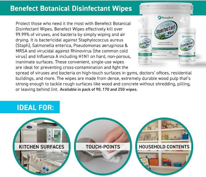 Benefect Botanical Disinfecting Wipes - (250 Wipe Count) Natural, No Residue - Antibacterial Disinfectant, Multi-Surface Cleaning and Sanitizing Wipes - ModernBath