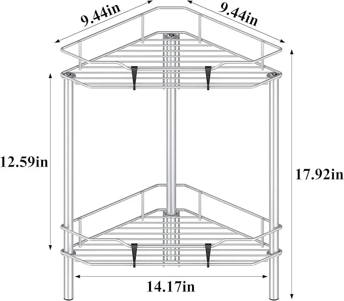 2 Tier Floor Standing Corner Shower Caddy Organizer Shelf with Hooks, Bathroom Shelves Stand Rack, Silver - ModernBath