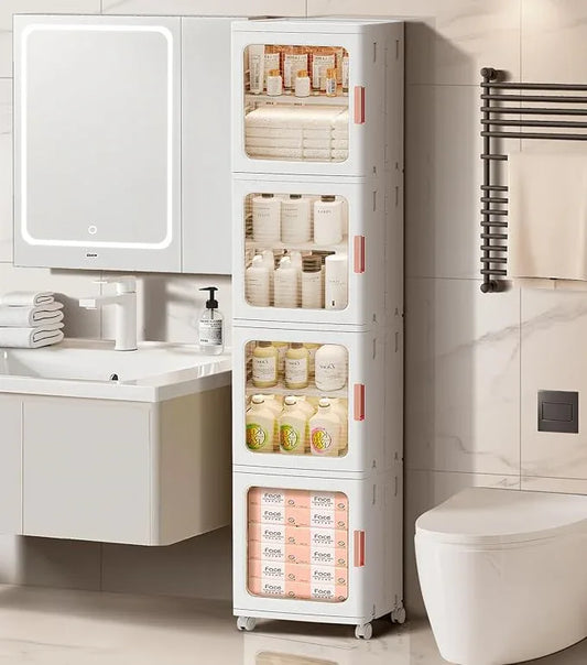4-Tier Tall Narrow Bathroom Storage Cabinet with Doors and Adjustable Shelves Slim Foldable Cabinets with Wheels Small Spaces Plastic Organizers for Kitchen Laundry Room Bedroom Pantry,White - ModernBath