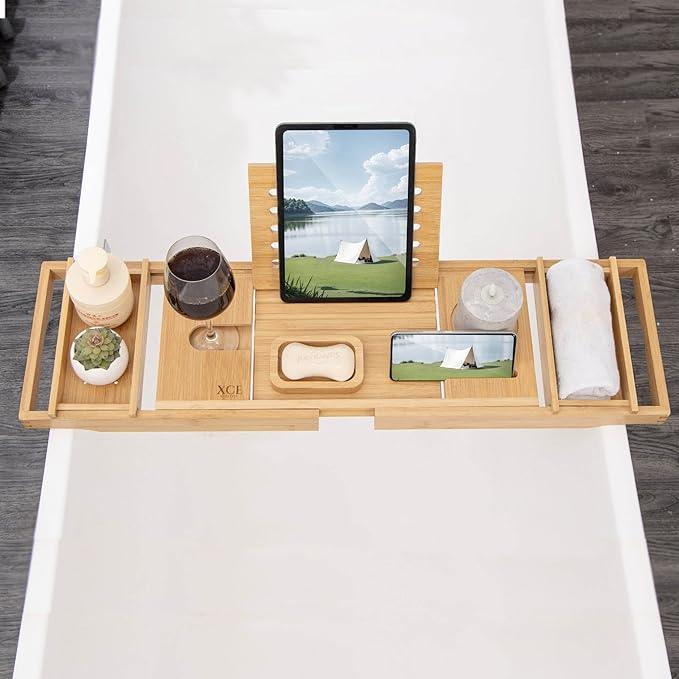 XcE Bamboo Bathtub Caddy Tray - Expandable to 41 Inches with Book Stand, Soap Holder & Anti-Slip Pads for Luxury Bath Spa, Natural - ModernBath