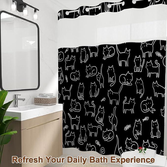 Cute Shower Curtain with Snap in Liner, No Hook Cat Shower Curtain with Top Sheer Window and Weighted Hem, Black and White Funny Shower Curtains for Bathroom, Gift for Cat Lovers, 71x74 Inches - ModernBath