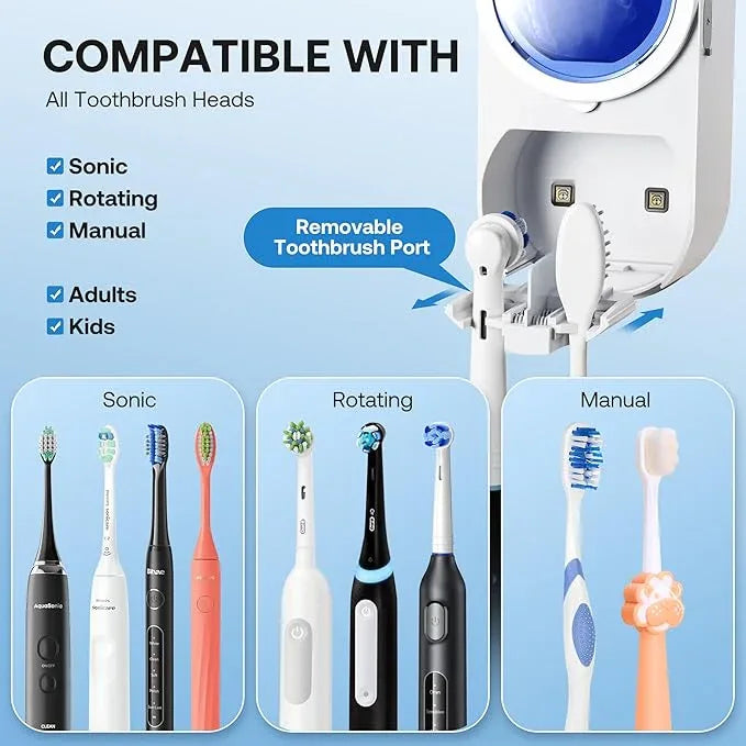 Bitvae Upgraded Tooth Brush Holder for Bathroom 2.0, Infrared Sensing Toothbrush Cleaner, Wall-Mounted for Most Size Toothbrushes, Air Drying, LED Smart Screen, White Gold Trim - ModernBath