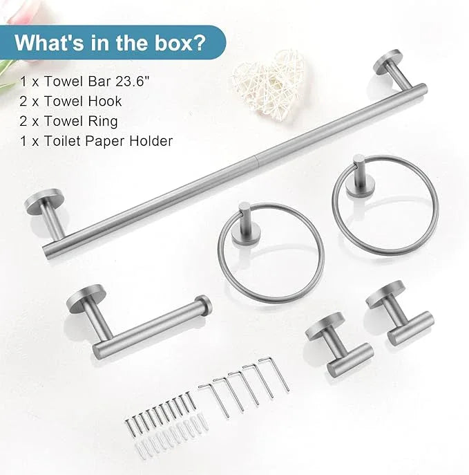 TQKAG Brushed Nickel Bathroom Hardware Set 6-Piece Bathroom Accessory Set 23.6 Inch Round Stainless Steel Towel Bar Set Wall Mounted - ModernBath