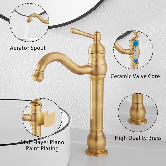 GGStudy 360° Swivel Antique Brass Bathroom Vessel Sink Faucet Single Handle One Hole Matching with Pop Up Drain - ModernBath
