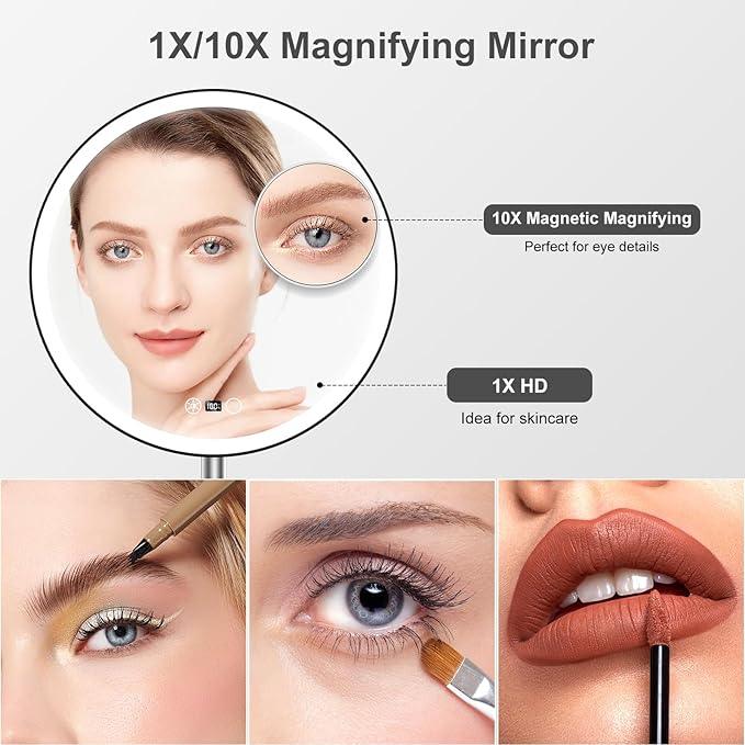 FRANO 10.5" Professional Makeup Mirror with Lights, Rechargeable HD Vanity Mirror, CRI≥98 True-Sunlight, 3 Color Modes & Stepless Dimming, 5000mAh Battery, Ideal Gift for Women - ModernBath