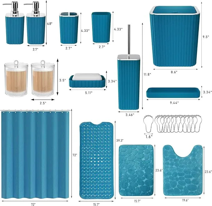 XLHOMO Bathroom Accessories Set - 26PC Gorgeous Teal Bathroom Set, Bathroom Accessory Set, Shower Curtain Set with Bathtub Mats for Shower Tub, Trash Can & Soap Dispenser - ModernBath