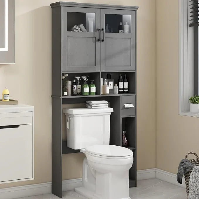 Over The Toilet Storage Cabinet With Double Doors & Paper Holder Stand, Freestanding Shelf Space Saver, Anti-Tip Design & Adjustable Shelf, Natural Grey - ModernBath