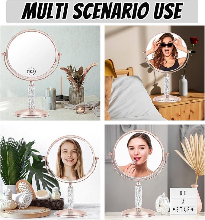 7"Rose Gold Glitter Diamond Rhinestone Makeup Mirror,360°Rotate Round Tabletop Vanity Mirror Double Sided 1X/10X HD Undistorted Magnifying Mirror,Portable Vanity Women Gift (No Lamp Rose Gold) - ModernBath