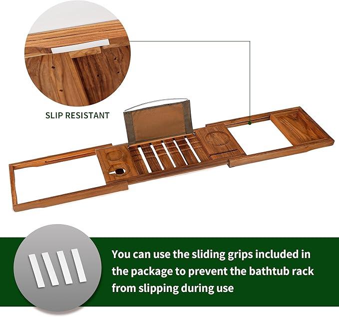 VaeFae Premium Teak Bathtub Tray, Expandable Wooden Bath Tray for Tub, Luxury Bathtub & Bathroom Accessories, Great House Warming, Anniversary & Wedding and Birthday Gifts (Free Teak Body Brush) - ModernBath