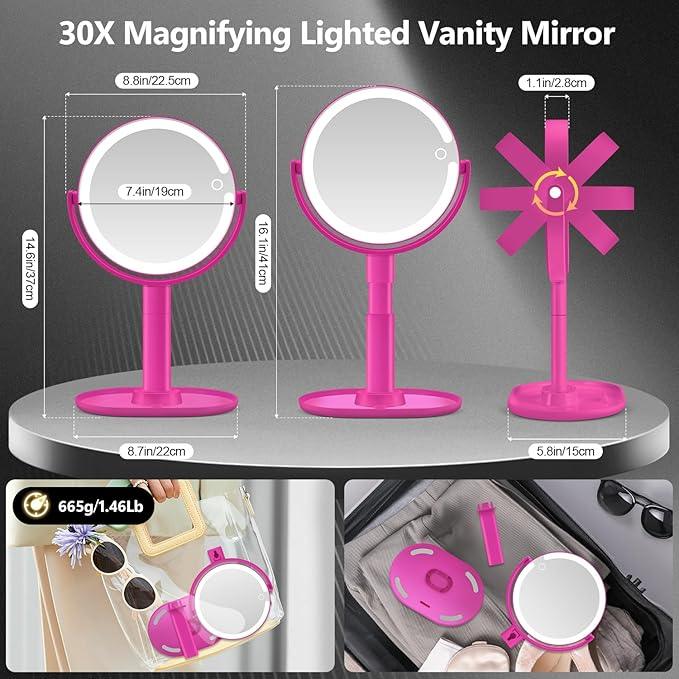 MIYADIVA Makeup Mirror with Lights, 30X Magnifying Mirror with Light and Touch Switch, Vanity Mirror with 3 Color Light and 80 LEDs, Height Adjustable Desk Mirror with Lights, Hot Pink - ModernBath