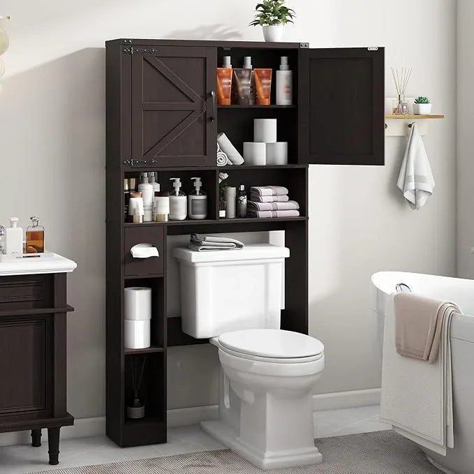 Vabches Over The Toilet Storage Cabinet, Farmhouse Storage Cabinet Over Toilet with 2 Barn Doors & Toilet Paper Holder Stand，Home Space-Saving Toilet Rack, for Laundry, Restroom, Bathroom.Walnut - ModernBath