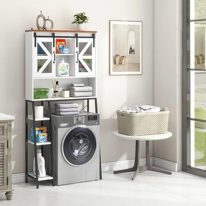Vabches Over The Toilet Storage Cabinet, Farmhouse Storage Cabinet Over Toilet with Sliding Barn Door，Home Space-Saving Toilet Rack, for Bathroom, Restroom, Laundry White - ModernBath