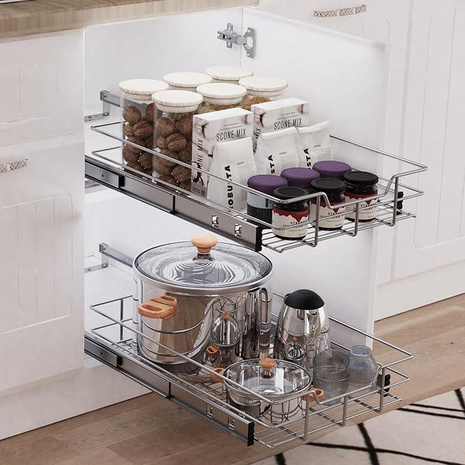 Pull Out Cabinet Organizer 11" W X 17" D, Slide Out Drawers For Kitchen Organizers and Storage, Pull Out Drawers For Cabinets Capacity Heavy Duty Caddy, Cabinet Shelves Chrome-Plated, Bathroom Pantry - ModernBath