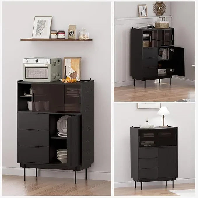 MEISSALIVVE Sideboard Cabinet, 31.5" x 45" Buffet Cabinet with Storage, Black Sideboard with 2 Sliding Doors & 3 Drawers, Coffee Bar Modern Entryway Storage for Living Room, Bedroom, Kitchen - ModernBath