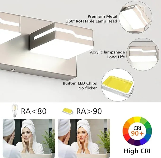 Merexcint LED Modern Bathroom Vanity Light Fixtures 3-Light, 19 inch Dimmable Nickel Vanity Lights for Bathroom Lighting Fixtures Over Mirror, with 350°Rotatable Acrylic Heads(White Light 5500K) - ModernBath