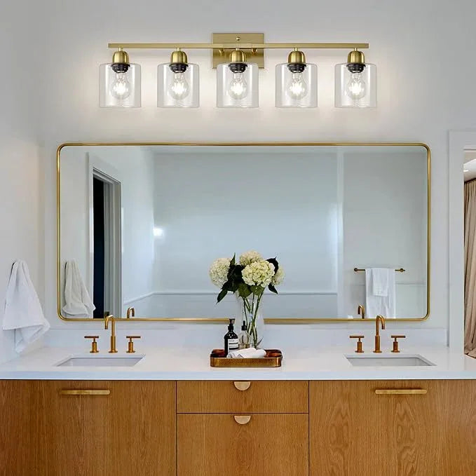 FAISHILAN Modern Brushed Gold 5 Light Bathroom Vanity Light,31 inch Vanity Lights for Bathroom with Clear Glass for Mirror Kitchen Living Room Hallway Cabinet Porch - ModernBath
